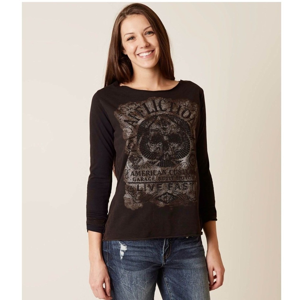 Affliction American Custom Gas Guzzler Skull Lace Up Back Shirt Small Beaded Y2K